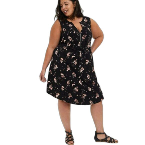 Torrid 1X Mini Challis Shirt Dress Skull Star Pink Graphic Print Zip Front VNeck - Picture 1 of 8